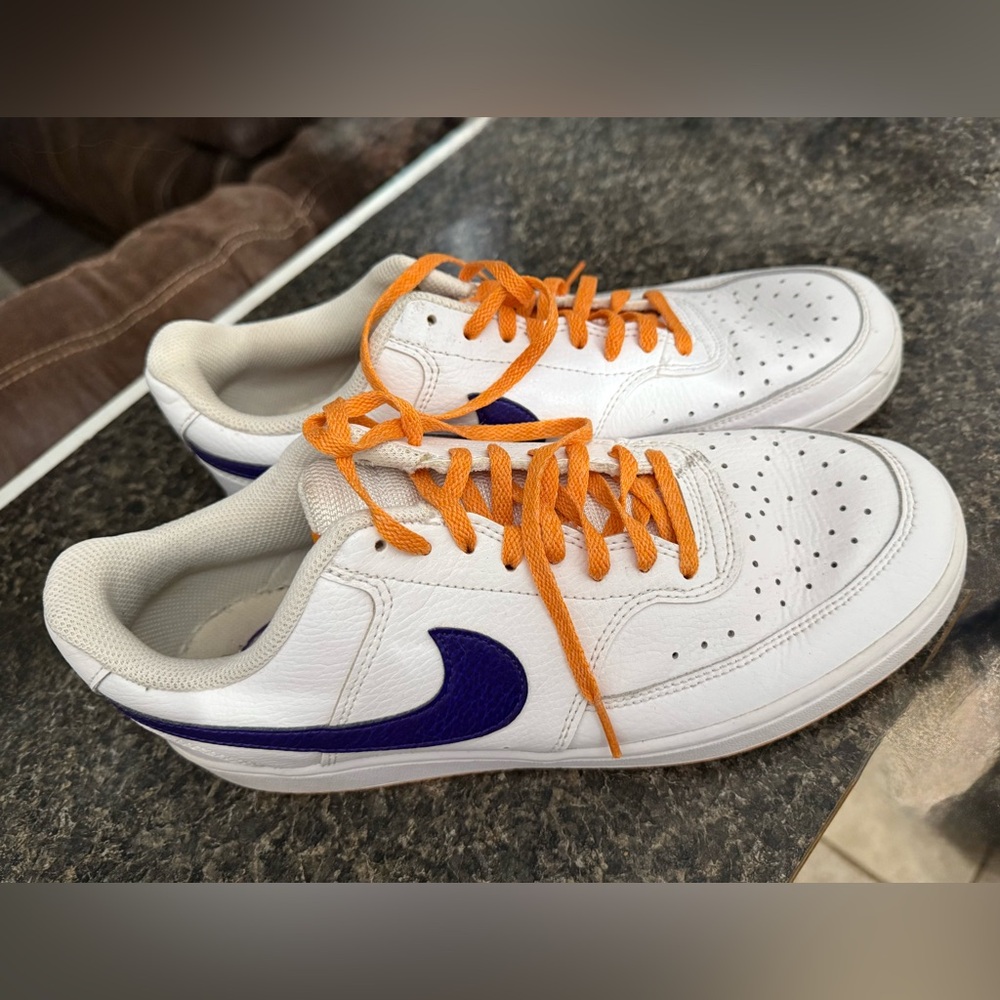 Nike White and Orange Sneakers with Purple Swoosh